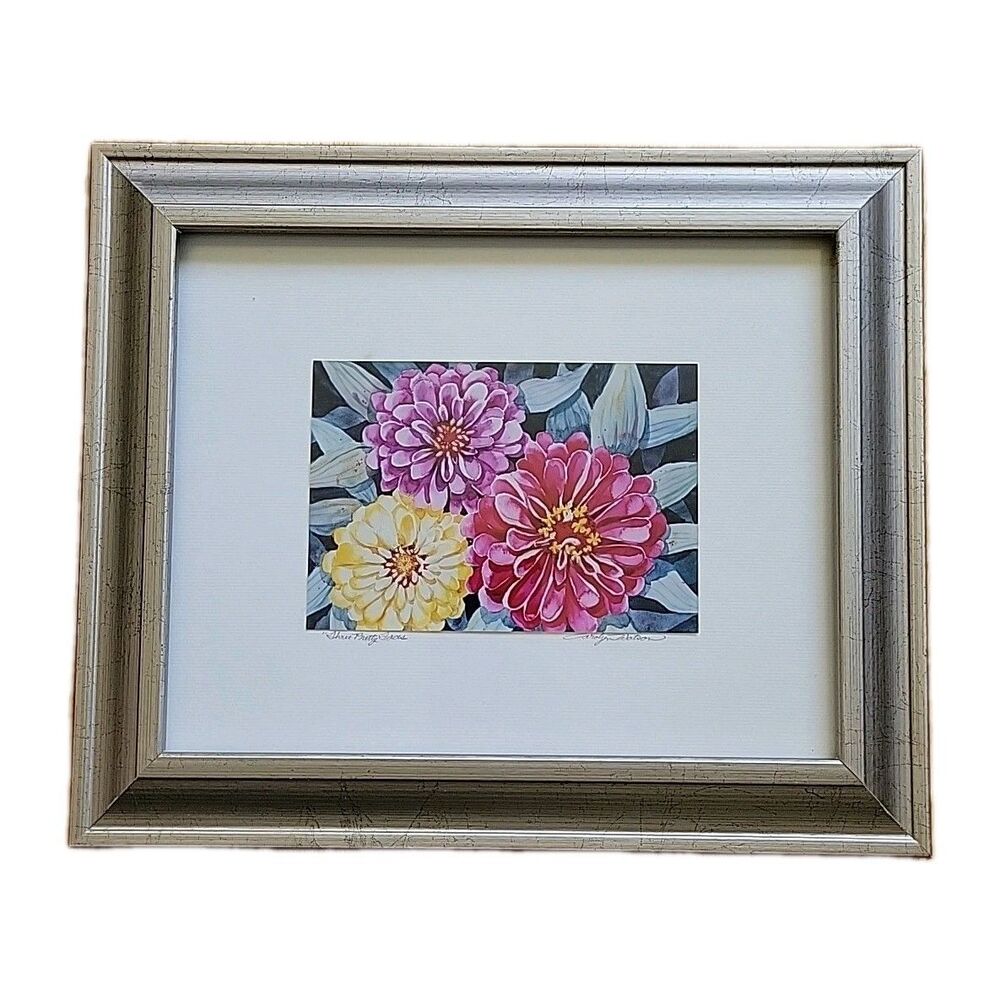 Carolyn Watson Signed Three Pretty Faces  10.5x12.5 Frame Matted Glass Zinnias